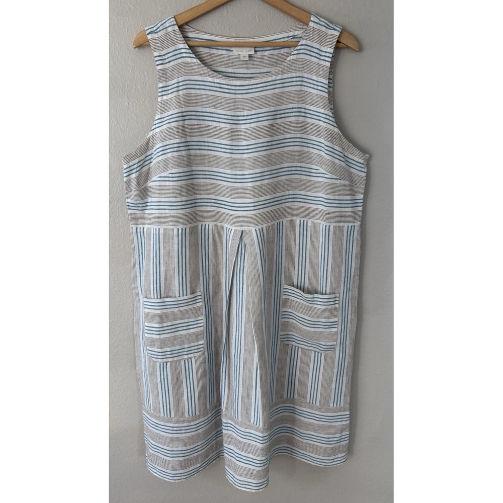 J Jill Love Linen Striped Shift Dress XL Lagenlook Sleeveless‎ Pockets Coastal